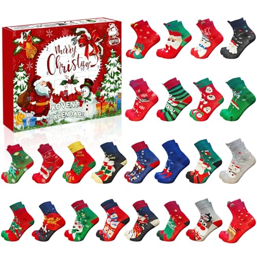 Weihnachten 2026 Adventskalender Socken mit 24 Paar – 24 Tage Countdown-Kalender Socken Perfekte Geschenkidee für Männer und Frauen (Rot-36-42)