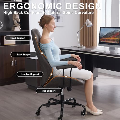 Image of E-Motie Leather Office Chair, Mid Century Modern Desk Chair, Dark Grey | Ergonomic, Lumbar Support, 360 Swivel & Rolling Wheels, Adjustable Height, for Adults & Women