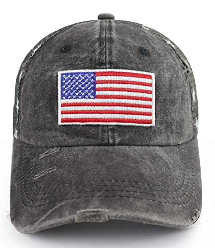 Image of American Flag Trucker Hat for Men Women, Adjustable Vintage Embroidery Washed Distressed USA Baseball Cap