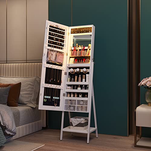 Hnebc Jewelry Cabinet Armoire With Lights,Lockable Jewelry Organizer Standing 47.2''Full-Length Mirrorjewelry Boxes For Women Mirror With Jewelry Storage,Built-In Led Makeup Mirror/Drawer(White) #TOP3