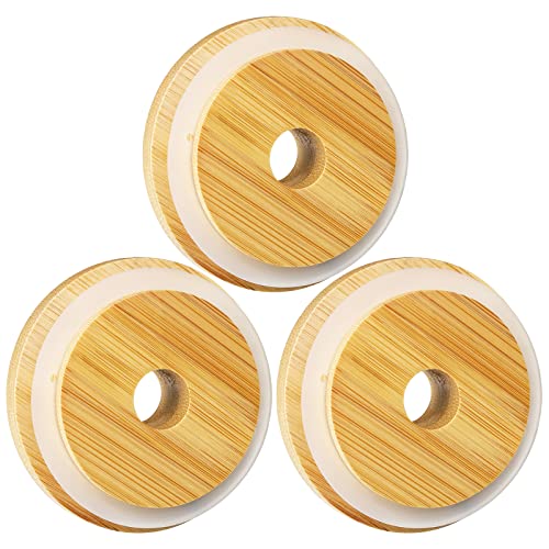 SBMKK Bamboo Lids for Glass Cups Wooden Lids for 16 OZ Beer Can Glass with Straw Hole 70mm/2.75 Inch Mason Jar Replacment Cover
