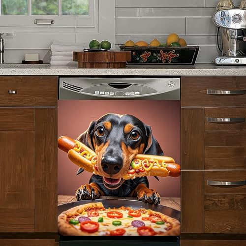 Image of HOMETITUTE Funny Dachshund Dog Magnetic Dishwasher Cover 23x26 Inch Hotdog Pizza Panel Magnet Sticker for Kitchen Appliance Fridge Door Wrap Pet Humor Theme Decorative Surface Art