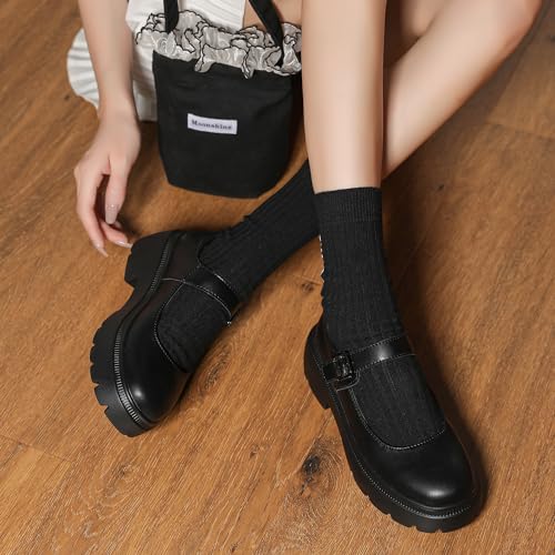 Ruiatoo Women's Mary Janes Shoes for Women Platform Low Heel Chunky Pumps Round Toe Oxford Dress Shoes Black 413