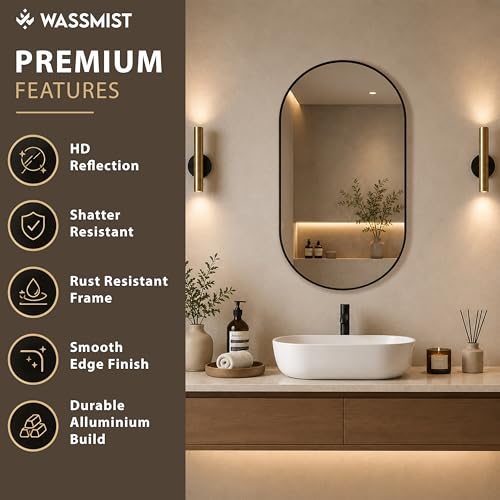 Image of WASSMIST Mirror for Bathroom Wall | Capsule Bathroom Mirror with Aluminium Frame | HD Reflection Wall Mirror for Living Room /Bedroom (18 X 30 inch)