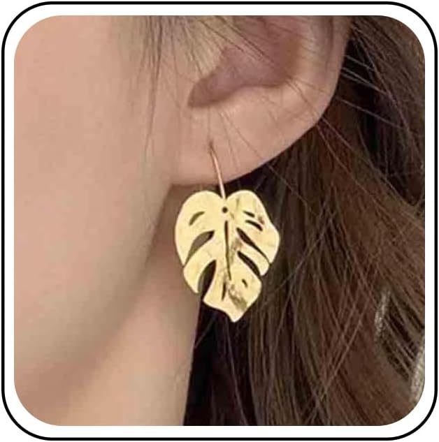 Boho Hammered Leaf Dangle Earrings Gold Textured Palm Leaf Earring Hollow Metal Leaf Drop Earring Vintage Plant Monstera Leaves Earrings Jewelry for Women