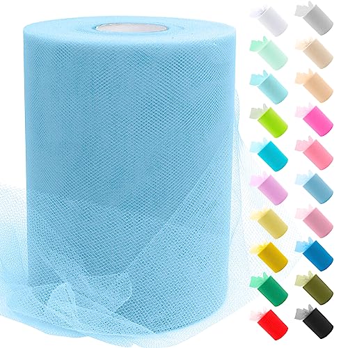 Uiopa Tulle Bleu Clair, 15cm x 91,4m Rouleau de Tulle en Polyester Maille Tissu pour Tutu Jupe, Deco Mariage/Fête, Deco Chaise Mariage, Noeud Cadeau, Artisanat DIY