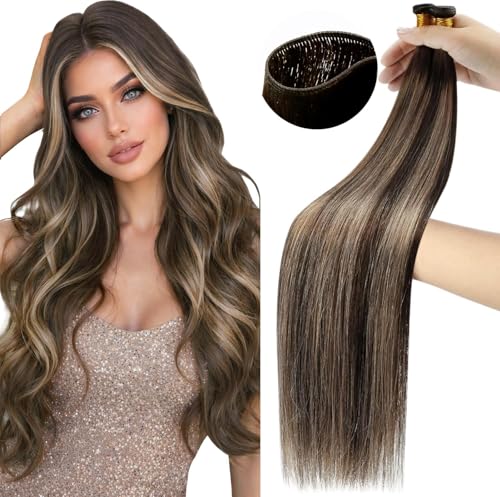 Image of Moresoo Genius Weft Hair Extensions Human Hair, Balayage Medium Brown with Caramel Blonde 20inch 60g, Invisible Sew in Hair Extensions Real Remy Soft Straight for Volume Daily Wear