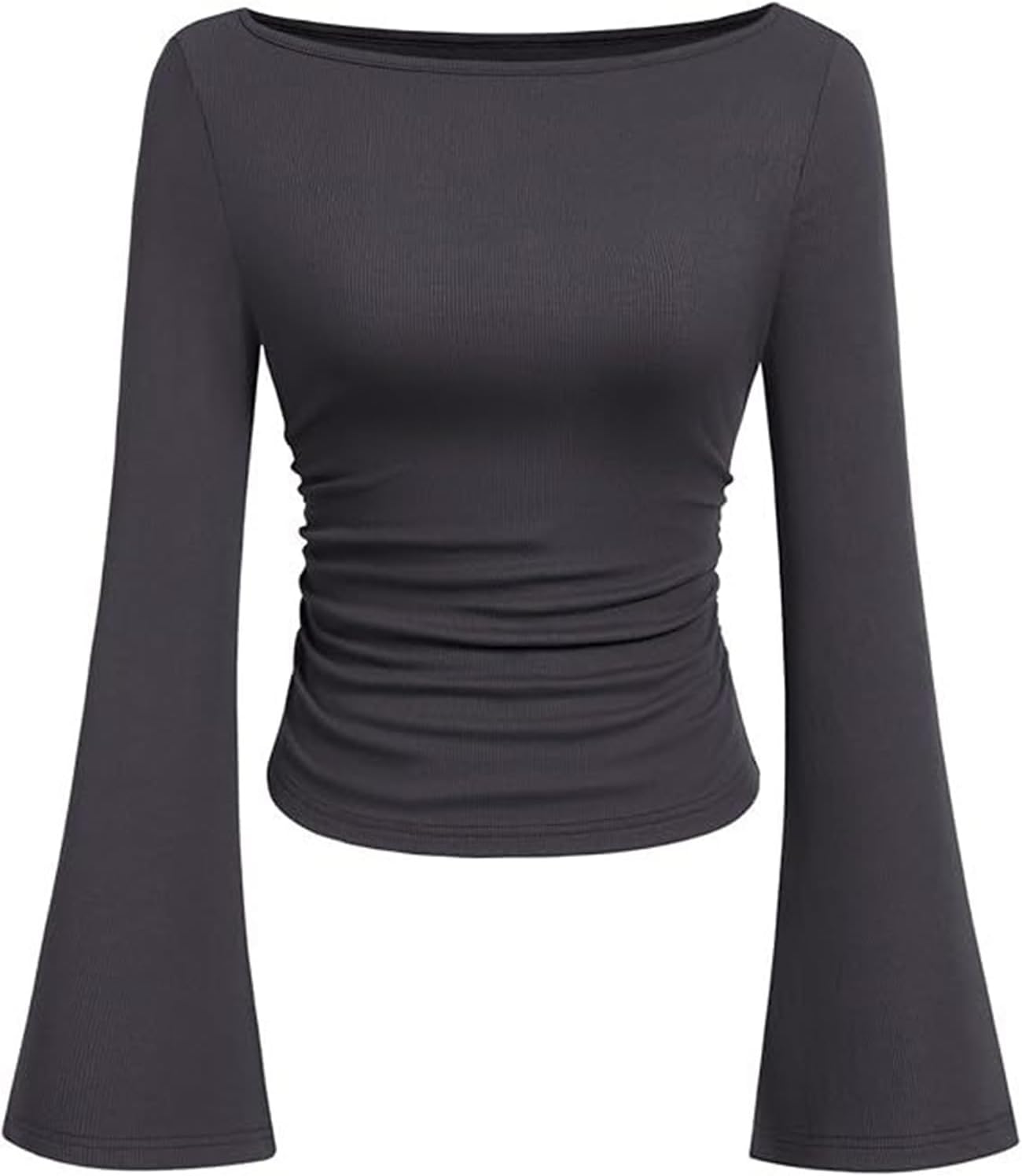 Women's Bell Long Sleeve Shirts 2026 Spring Boat Neck Crop Going Out Trendy Tops Ribbed Ruched Y2K Clothes