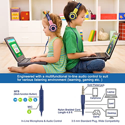 2 Pack of SIMOLIO Kids Headphone with 75dB, 85dB, 94dB Volume Limited, Durable & Foldable Headphones with Mic for Kids, On-Ear Children Headphones with Storage Bag for Travel,School Daily(Pink,Yellow) - Thumbnail 5