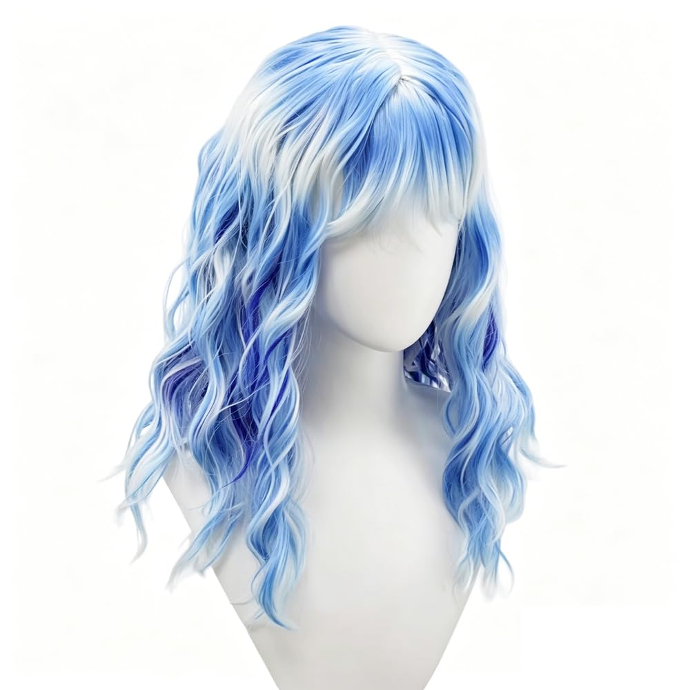 Haarpflege Blau-weiße Ombre-Perücke Lang Gewellt Mit Mehrfarbigen Strähnen Volle Ponyfaser Für Tägliche Cosplay-Party-Looks