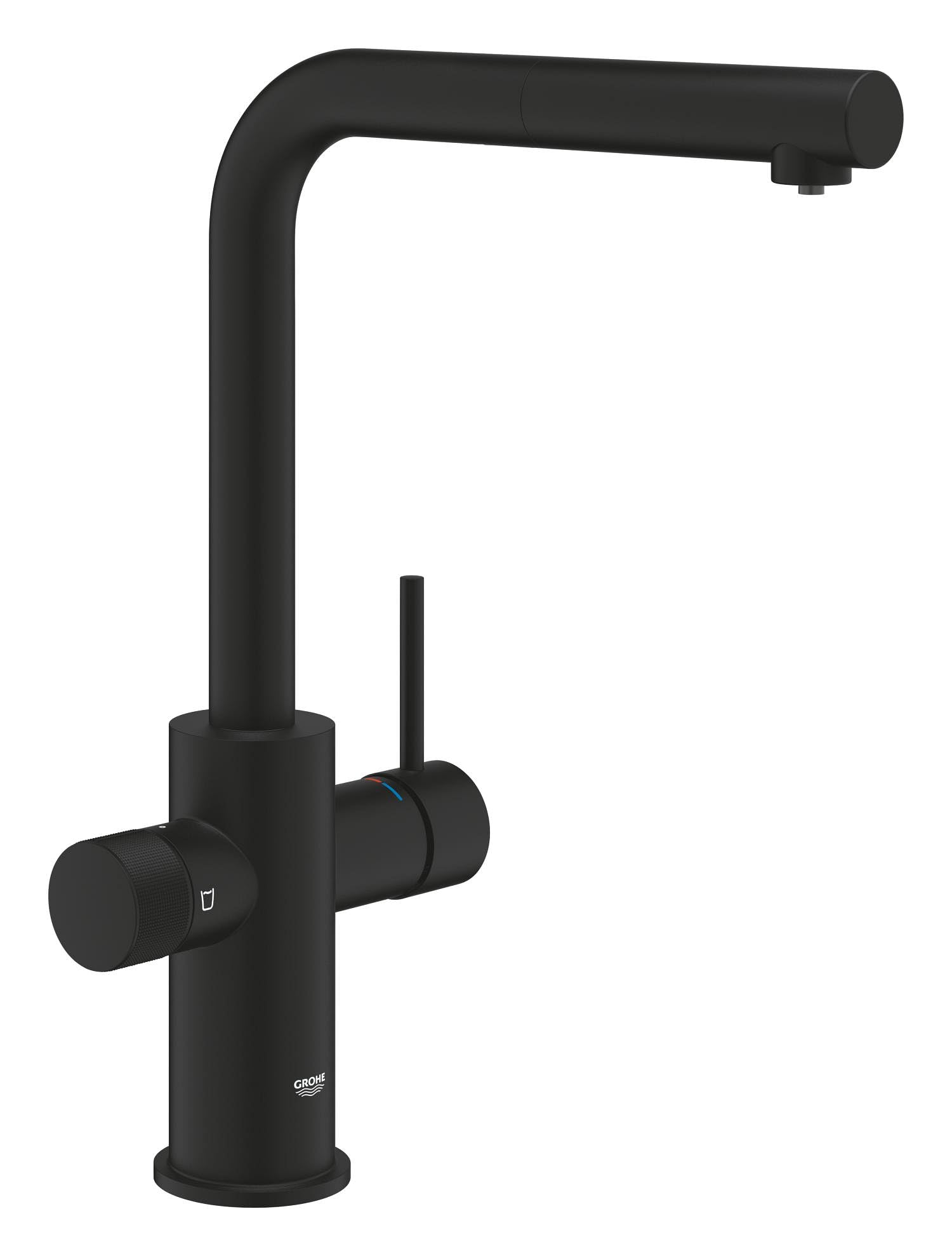 GROHE Blue Pure, Küchenarmatur herausziehbar, mit Filterfunktion (Gefiltertes Wasser: separater Griff, Filter unterhalb Spüle, Wasserhahn 360° schwenkbar, L-Auslauf, ohne Filter) mattschwarz, 30590KF0