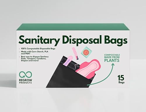 Regrow Products Sanitary Disposal Bags (15 Count) – Bio-Based PLA, Leak-Proof & Odor-Lock Bags (Meets ASTM D6400 Standards) for Pads, Tampons & Panty Liners – Discreet, Easy-Seal, Travel-Friendly
