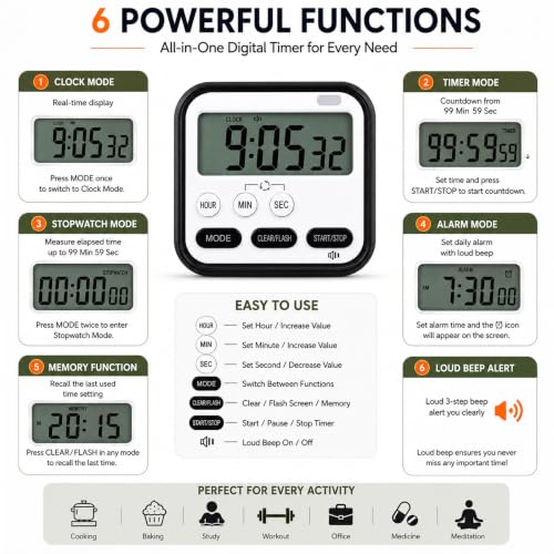 Image of Digital Kitchen Timer, Loud Alarm, Large LCD Display, Countdown Timer, Stopwatch, Magnetic Back, Foldable Stand for Kitchen, Cooking, Study & Office (Black with White)