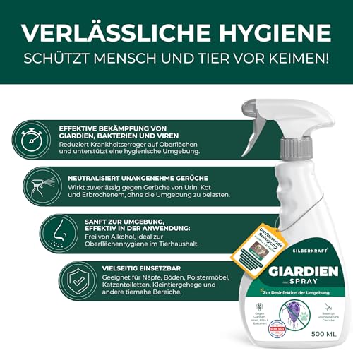 Silberkraft Anti-Giardien-Spray 500ml – Wirksames Desinfektionsmittel gegen Giardien für Hunde & Katzen – Hygienespray für Tierumgebung, Böden & Näpfe – Inkl. Gratis E-Book