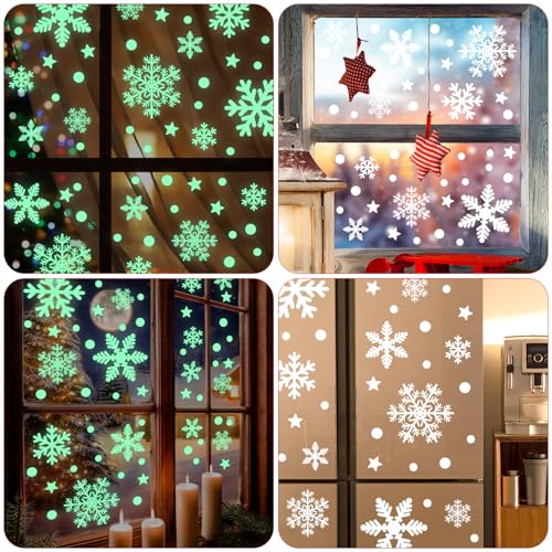 DERAYEE Weihnachts Fensterbilder,Glow in the Dark Weihnachts Schneeflocken Fenster Aufkleber für Weihnachts Schaufenster