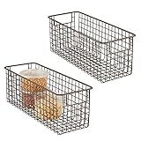 mDesign Narrow Farmhouse Decor Metal Wire Food Storage Organizer Bin Basket with Handles for Kitchen Cabinets, Pantry, Bathroom, Laundry Room, Closets, Garage - 16' x 6' x 6' - 2 Pack - Bronze