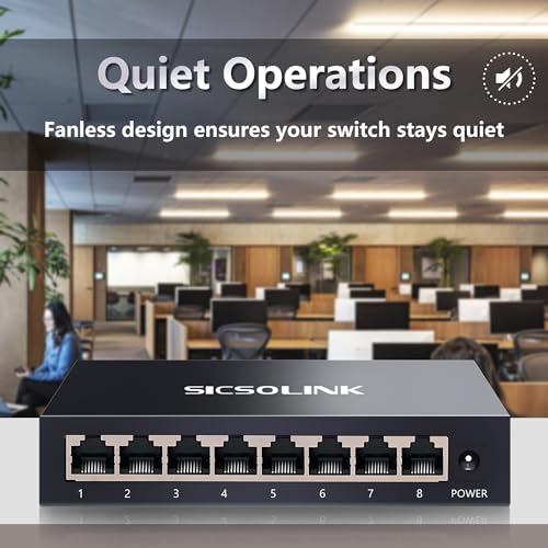 Image of 8-Port Gigabit Unmanaged Switch, Ethernet Splitter Hub, Plug & Play, Fanless Silent, Metal Case, Desktop /Wall Mount, Traffic Optimization for Home /Office /Gaming