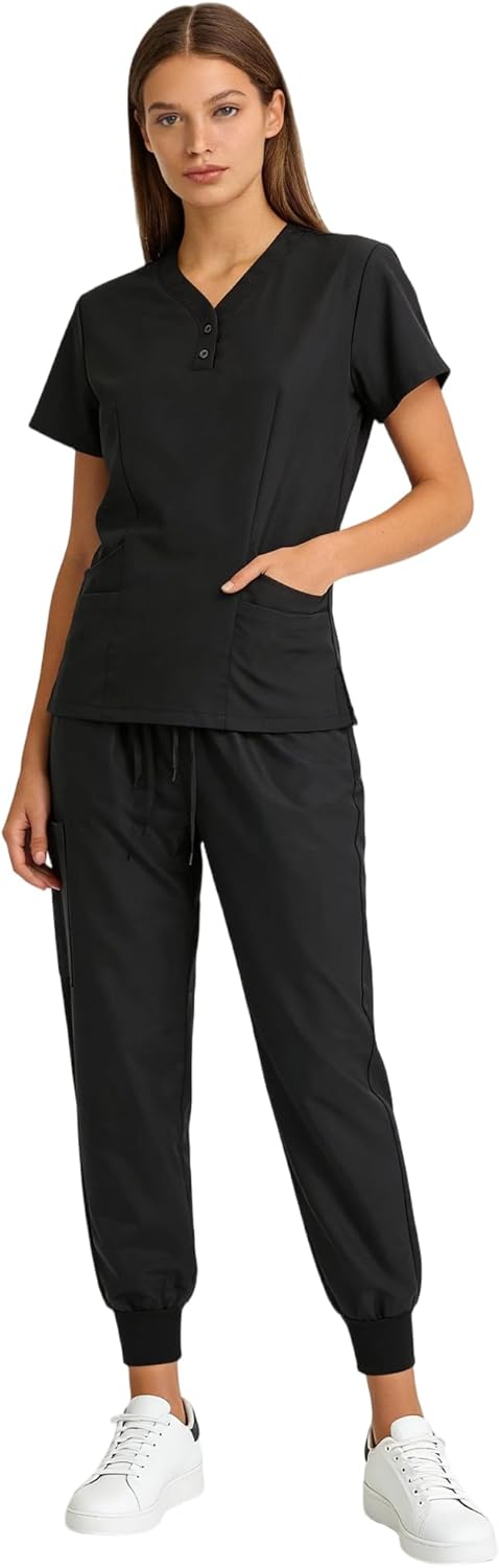Shyyween 3 Set Scrub for Women V Neck Top Jogger Pant with 3 Pocket Mock Wrap Top Princess Seam for Nursing Home Hospital