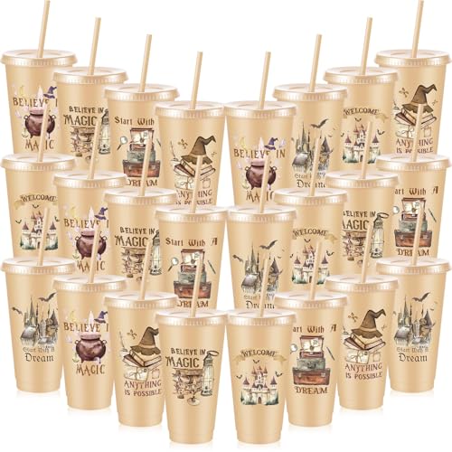 Chuangdi 24 Pcs Magical Wizard Cups with Lid and Straw, Magical World