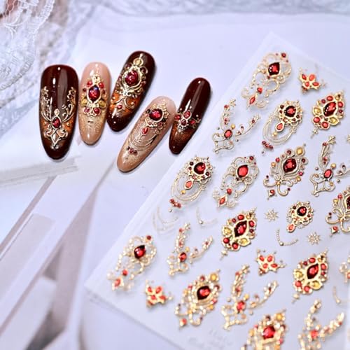 Baroque Nail Stickers 5D Embossed Gold Red Nail Decals Retro Diamond Gem Nails Supplies Shiny Star Nail Designs 3D Self Adhesive Luxury Sceptre Nails Art Stickers for Women Girls DIY Manicure 1 Sheet