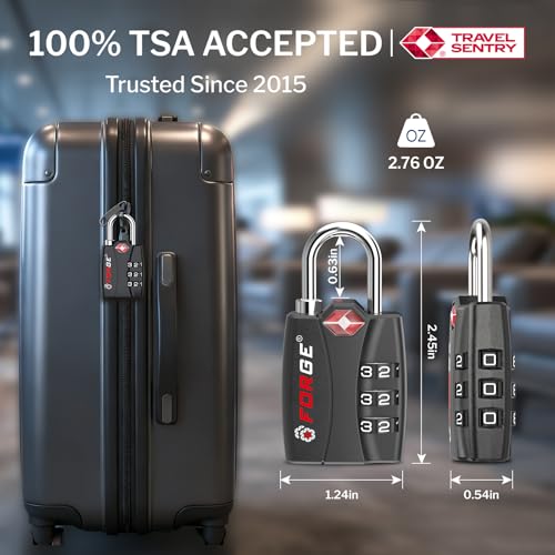Image of Forge Open Alert TSA Approved Luggage Locks - 3 Digit Combination, Easy Read Dials, Zinc Alloy Body - Ideal Travel Lock for Luggage, Suitcases, Bags & Toolboxes. Matte Black 2-Pack.