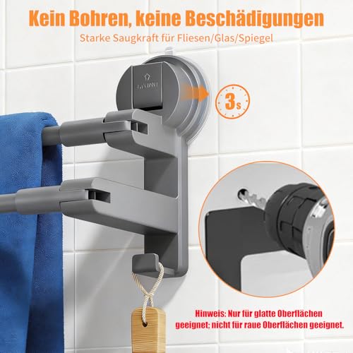 Handtuchhalter Saugnapf ohne Bohren Bad Handtuchstange Doppelt mit 2 Handtuchhaken, 180° Drehen und Verstellbare Länge für Badezimmer Küche Tür Dunkelgrau 41-75cm