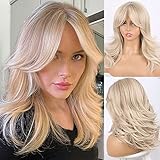 LEOSA Platinum Blonde Wig With Curtain Bangs - Cool Ash Blonde Layered Synthetic Wig for White Women, Long Wavy Mid Length, Real Hair Look for Daily Party Use, 18 Inch