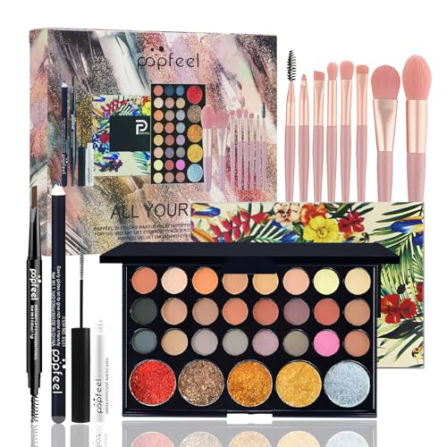 RoseFlower Coffret Maquillage Femme: Kit de Démarrage Parfait avec Palette de Fard à Paupières Yeux, Pinceaux de Maquillage, Crayon à Sourcils, Mascara