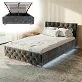 Juskys Polsterbett Nizza 120x200 cm Samt mit Stauraum, LED Beleuchtung & Lattenrost - Chesterfield Steppung & Kopfteil - Bett Bettgestell - Grau