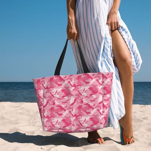 Large Beach Bags Water-resistant Sandproof - Pink Camouflage Cute Beach Tote Bags for Women with Zipper 5