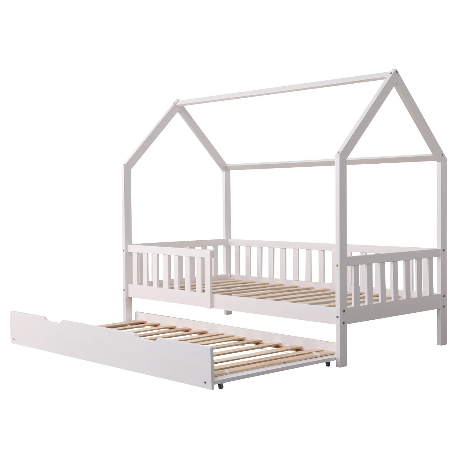 Happy Garden Cama de 190 x 90 cm, Color Blanco Martillo, Marco de Cama de Madera Maciza de Pino con somier de láminas, barrotes de Seguridad y Cama Nido