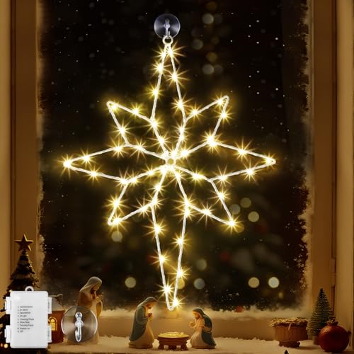 1 Pack 16 Large Christmas Window Light Decorations, LED Bethlehem Christmas Star Window Silhouette Lights with Timer, 8 Models, Iron Frame, Battery Operated Lighted Xmas Star Decors (Warm White)