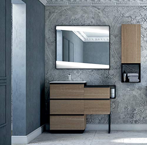 Meuble de salle de bain moderne Qubo chêne bruges, 105 cm, avec miroir LED et meuble