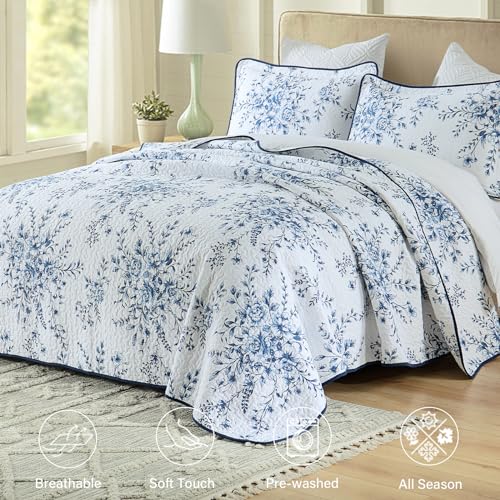 Colcha de algodón transpirable y ligera King reversible floral azul 6
