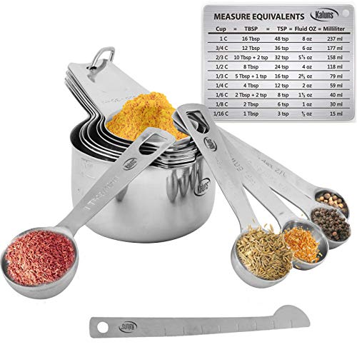 Kaluns Stainless Steel Measuring Cups, Measuring Spoons,16 Piece Measuring Cups And Spoons Set Includes Leveler And Measurements Card, Heavy-Duty, Heat And Rust Resistant #TOP23