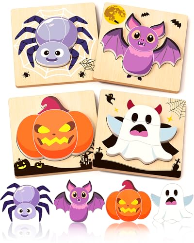 Image of Oomloid Halloween Wooden Puzzles for Toddlers, 4 Pack Halloween Toys Party Favors Boo Basket Stuffers Treats, Montessori Toys Birthday Gifts for Kids Boys Girls