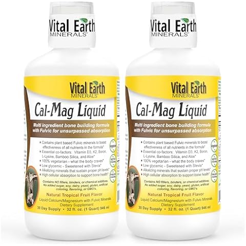 Vital Earth Minerals Cal-Mag Liquid – Calcium Magnesium Supplement with Vitamin D3, K2, Boron, and Fulvic Acid for Faster Absorption, 32 Oz Ea + 1 Oz Cup Cover