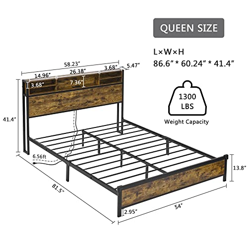 Alohappy Led Queen Bed Frame With Bookcase Headboard, Metal Platform Bed Frame With Charging Station And Rgb Led Lights Strips, Sturdy And No Noise Easy Installation No Box Spring Needed #TOP1