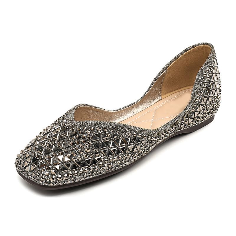 Women's Sparkly Flats Dress Shoes Wedding Low Wedges Square Toe Rhinestone Ballet Flats with Bow