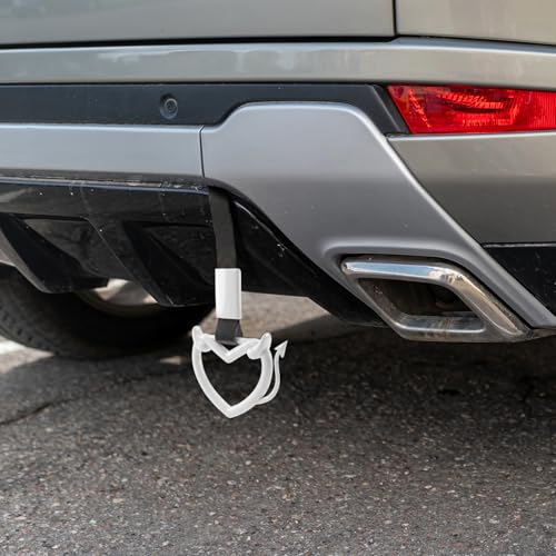 Image of 2 Pcs Devil Heart Shaped Car Handle Strap - JD M Drift Charm Rear Bumper Warning Ring Decor for Car Interior Exterior, Subway Bus Handle Accessory, Cute Heart Car Decor Gift (White-Tail)