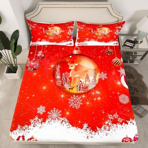Erosebridal Christmas Elk Fitted Sheet Twin Size for Girls Boys Merry Christmas Bed Sheets White Snowflake Print Bed Set Christmas Themed Bedding Set Happy New Year Xmas Bedding
