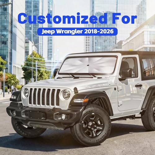 Image of Car Windshield Sun Shade for Jeep Wrangler 2018-2026 -[Reflective Coated Fabric] Sunshade Umbrella for Front Window, Car Shades Sun Visor Keep Car Cool and Protects Interior, 1:1 Exact Fit