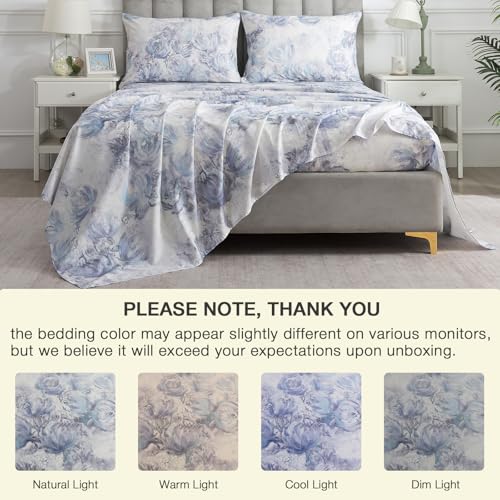 Image of Shabby Blue Floral Chic Percale Sheets King Size, 100% Cotton White Flower Deep Pocket Sheet Set, Abstract Aesthetic Soft Toile Bed Sheets, Luxury Vintage Cottage Core Bedding Sets, 4Pcs