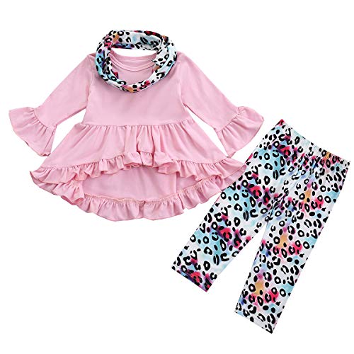 Yccutest Baby Girl Outfits Long Sleeve Solid Color Ruffle Shirt+ Long Pant+ Scarf 3Pcs Toddler Girl Fall Clothes Suit (Pink,18-24 Months)