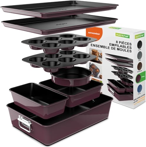 NutriChef Ensemble de Moules à Pâtisserie Antiadhésifs Empilables en 8 Pièces - Ensemble de Plaques de Cuisson Sans PFOA, PFOS, PTFE avec Revêtement...