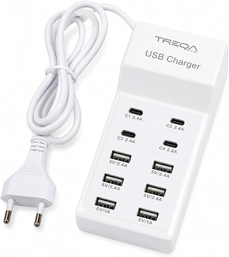 10 Port USB Charging Station 96W Fast Charger Hub, Multi Device Desktop Charger with 6 USB-A and 4 Type-C Ports for iPhone, Android, Tablets, Smart Devices, Home Office Travel