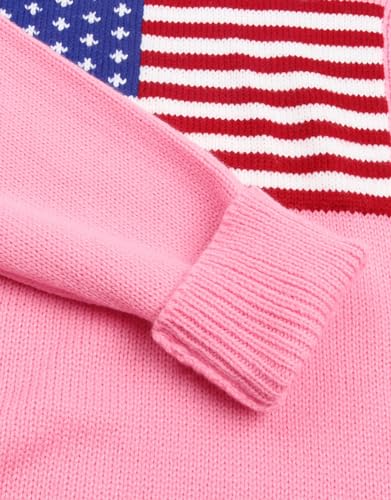 Image of Womens American Flag Sweater Long Sleeve Crew Neck Knitted Casual Pullover Sweater (Pink, X-Large)