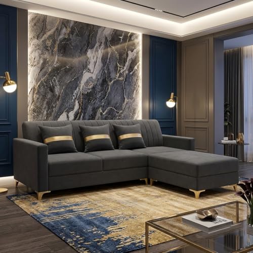 Image of CASASTYLE Signature Groovy 4-Seater L-Shape Sofa Set with Movable Ottoman | Flexible LHS /RHS Layout | Smooth Boston Fabric & Plush Cushions | 40D Foam + Zigzag Spring | 3-Yr Warranty (Dark Grey)