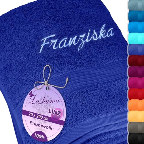 Lashuma Handtuch Bestickt mit Name Blau - Königsblau, Linz personalisierte Badetücher extra lang 85x220 cm