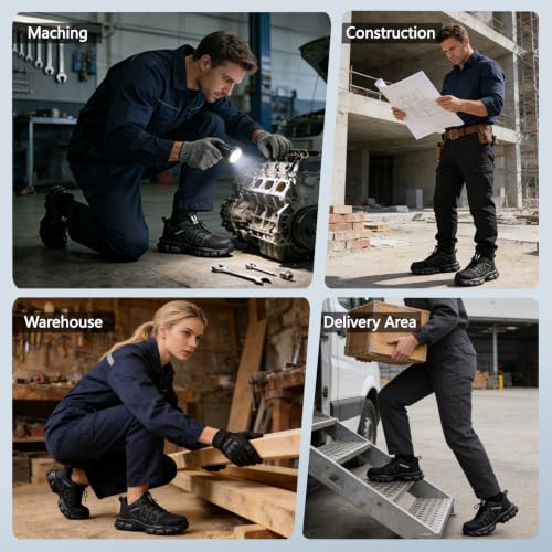 Image of Hogent Steel Toe Shoes for Men Women, Comfortable Wide Non Slip Work Shoes | ASTM Safety Steel Toe, Kevlar Puncture-Proof, Breathable, Lightweight, Wide Fit, Walking, Construction, Industrial, Warehouse